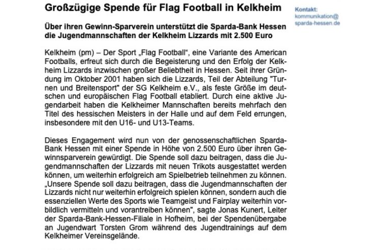 Foto eines Textes mit dem Titel „Großzügige Spende für Flag Football in Kelkheim“
